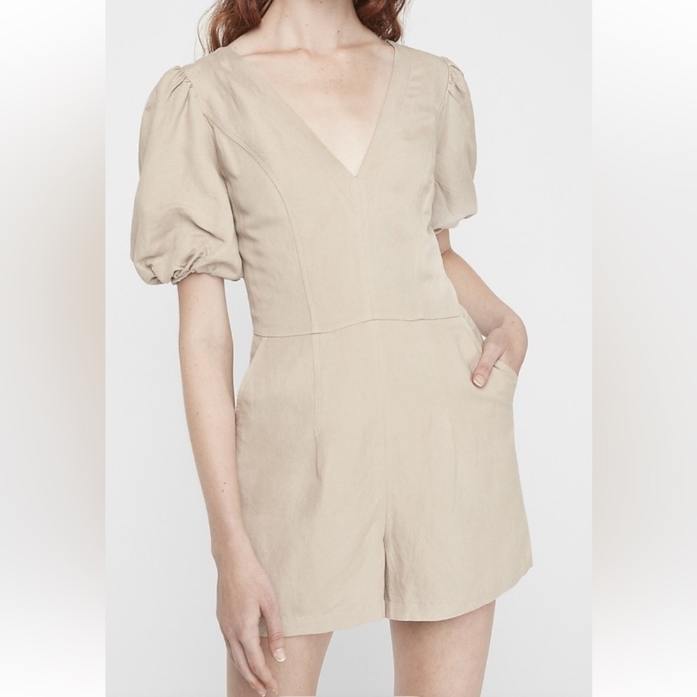 Express Linen-Blend Puff Sleeve Romper Neutral Cream Tan Size XS